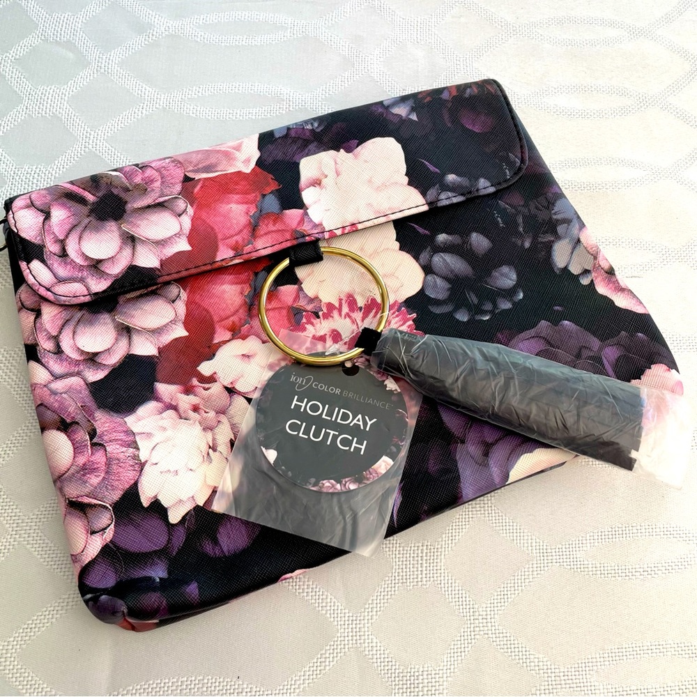 Ion Color Brilliance Floral Bag Makeup Clutch Party Black Roses Handbag Holiday